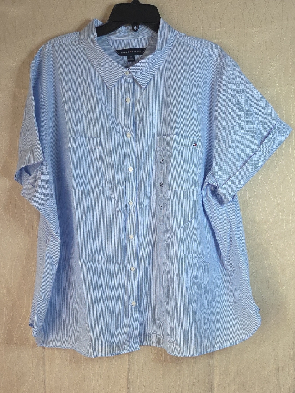 Tommy Hilfiger Light Blue Striped Women's Short Sleeve Stripe Camp Shirt